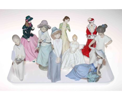 Four Royal Doulton ladies including Sweet Devotion, four Nao and one Lladro figures (9).