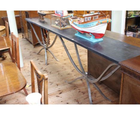 Pair contemporary slate top and wrought metal console tables, 89cm high by 181cm long by 46cm wide.