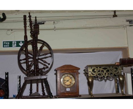 Circa 1920's oak mantel clock, brass footman and a spinning wheel on stand (3).