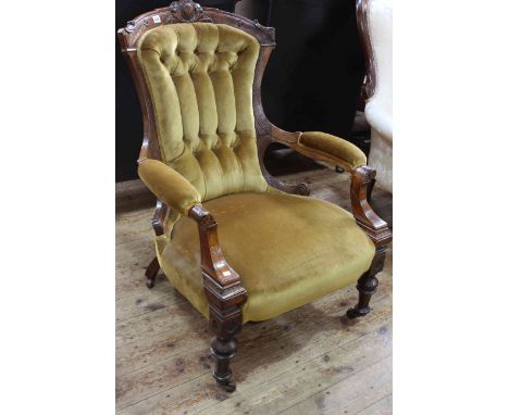 Victorian walnut framed open arm gents chair in button draylon.