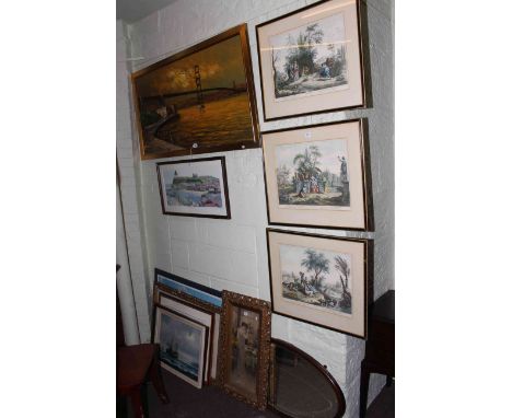 Framed oil on canvas of a suspension bridge, Whitby limited edition print, set of three coloured Continental prints, five pic