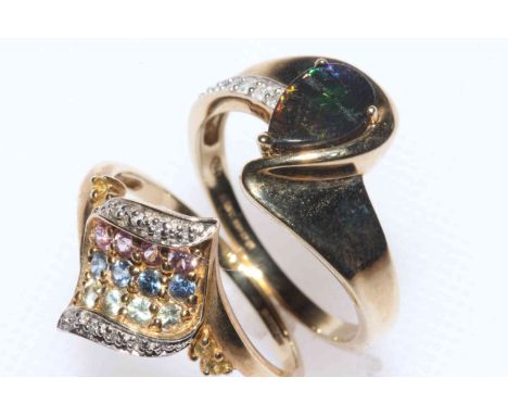 9 carat gold multi gem set ring and 9 carat gold and dark opal ring, both size T/U (2).