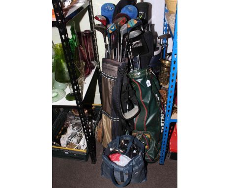 Collection of golf clubs, golf bags, motorised caddy, golf shoes.