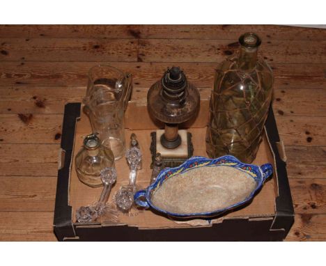 Box with oil lamp, two silver collared scent bottles, glassware, etc.