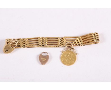 A George V half sovereign, dated 1913, with yellow metal mount, a 9ct gold gate link bracelet and heart-shaped catch, 23.6g g