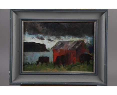 Steve White: acrylic on board, "Black cattle, black cloud", 8" x 11", in painted frame, and Patricia Irwin: oil on board, 196