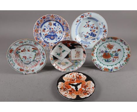 A Chinese porcelain scroll decorated plate, 9" dia, a polychrome plate and four Imari style plates, in sizesCondition:Top rig