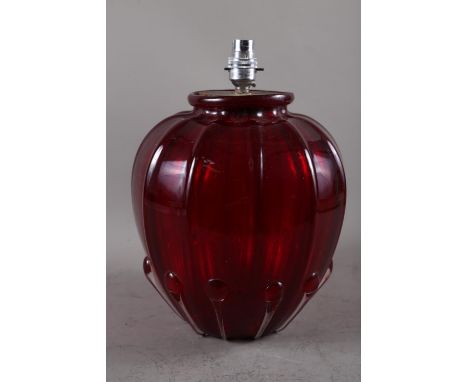 A cranberry coloured glass bulbous table lamp, 13" overallCondition:The applied drop shaped decoration around the base has so