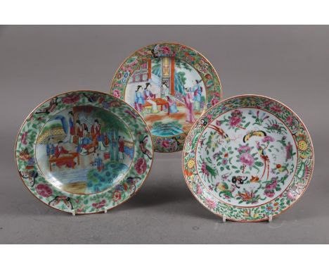 A Canton enamel figure decorated soup bowl, 10" dia, a smaller similar plate and a bird decorated plateCondition:Plate on rig