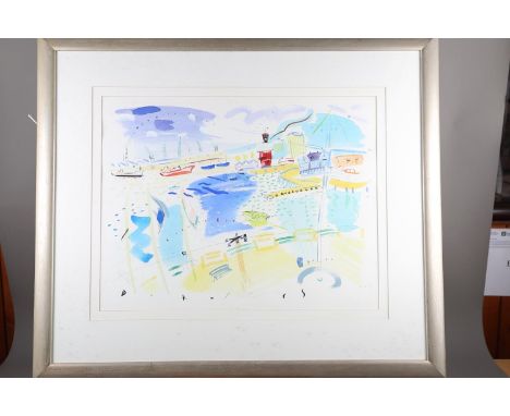 Attributed to Jake Sutton: a late 20th century gouache harbour scene, Victoria Basin Cape Town, 19" x 24", in silvered frame 