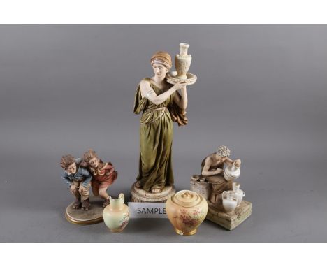 Five pieces of early 20th century Royal Worcester ivory blush ware, a Royal Dux Bohemia Greek style figure of a woman with an