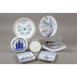Two Bing & Grondahl relief decorated dishes (1169 and 1113) (chipped), two square trays (583 and