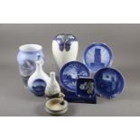 A Royal Copenhagen swan decorated vase (1217), 1" high, a flask (4426), a plant decorated vase (