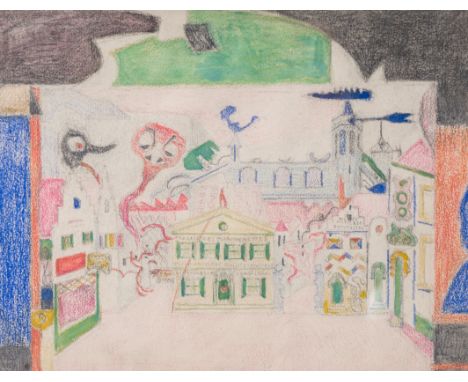 James Ensor (1860-1949): Place Publique d'Ostende, scenery for La Gamme d'Amour, mixed technique on paper, 1914Work: 27,5 x 2