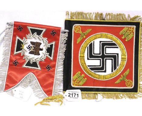 German WWII re-enactment square pennant of multi-piece construction, black silk with gold and silver bullion and braids, 24 x