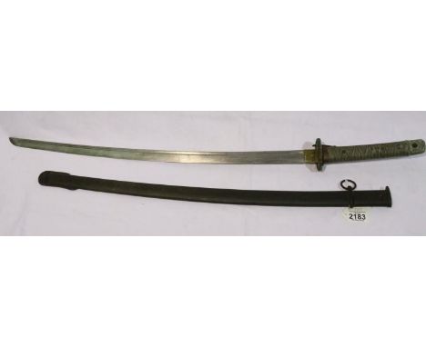 Japanese WWII NCO sword with metal scabbard, with relief cast grip and steel blade. Two very small dents to bottom of scabbar