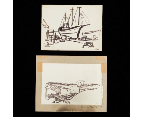 Cameron Booth (American, 1892-1980). Group of two ink drawings. One ink on paper drawing depicting a sailboat in a harbor; in
