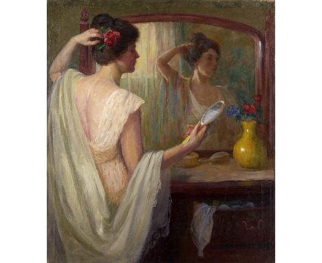 Nicholas Richard Brewer (1857-1949). Oil on canvas titled "The Toilet," depicting a young woman preparing her hair in a mirro