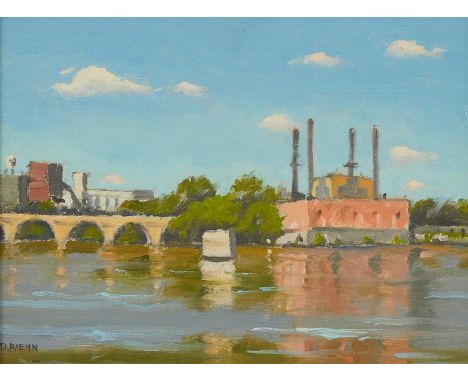 Donald R. Biehn (American, 1942-2022). Oil on board painting titled "Minneapolis Stone Arch Bridge" depicting the University 