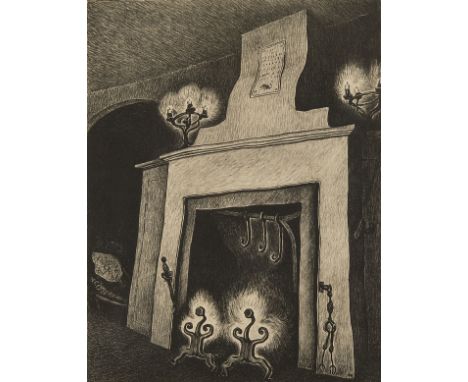 Wanda Gag (American, 1893-1946). Lithograph on paper titled "Fireplace," depicting an interior scene with a fireplace, 1930. 