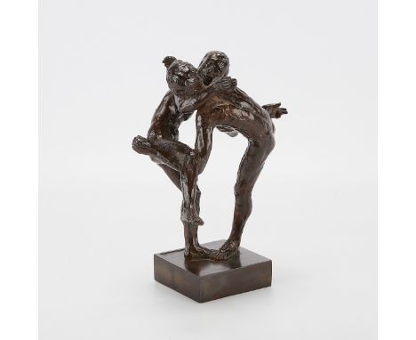 Paul T. Granlund (American, 1925-2003). Bronze sculpture titled "Toe To Toe" depicting two figures interlocked, 1988. Signed 