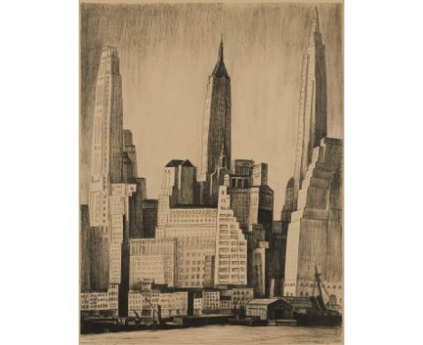 Dewey Albinson (American, 1898-1971). Lithograph on paper titled "Wall Street Center," depicting the New York City skyline wi