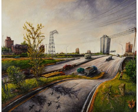 Rod Massey (American, b. 1949). Oil on panel landscape painting depicting a rolling landscape, 2005. Depicting the 35W bridge