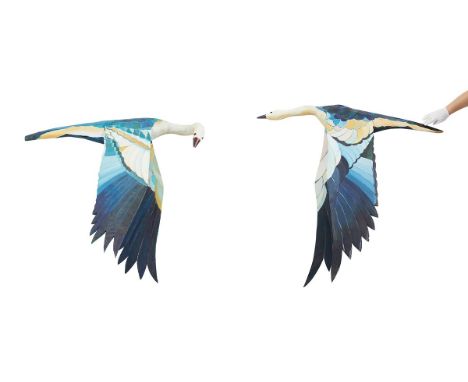Donald Gahr (American, b. 1940). Two large wall mounted carved wooden waterfowl, ca. 1980s. Oil painted and with attached woo