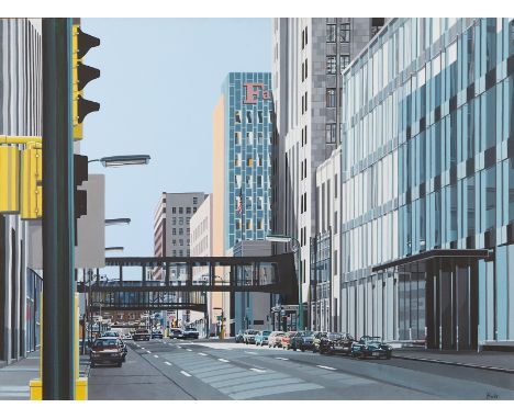 Mike Proulx (American, b. 1947). Acrylic on canvas photorealistic painting titled "Skyways," depicting downtown Minneapolis, 