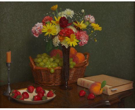 Stephen Gjertson (American, b. 1949). Oil on canvas still life depicting a bouquet of flowers and a basket of fruit. Signed a