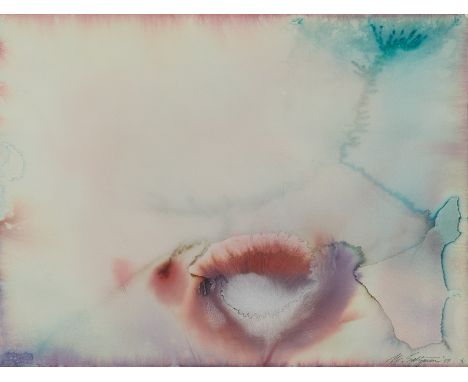 William Saltzman (American, 1916-2006). Untitled watercolor on paper painting depicting rose pink and turquoise harmoniously 