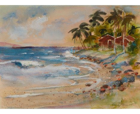 Edna Imm (American, 1906-2009). Watercolor on canvas painting depicting peaceful beach scene. Pen signed along the lower righ