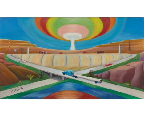 Leonard Weible (American, ca. 1928-2000). Acrylic on canvas painting depicting a landscape with crossing highways and an atom