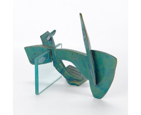 Michael Bigger (American, 1938-2011). Polychrome bronze and glass sculpture titled "Maquette Form #4," depicting a green-blue