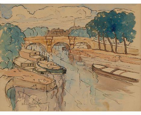 Knute Heldner (Swedish/American, 1875-1952). Watercolor on paper painting titled "Paris" depicting an urban scene with the Se