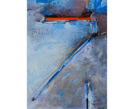 Jerry Rudquist (American, b. 1934). Mixed media on paperboard titled "North Slit Window" depicting an abstract scene of blues