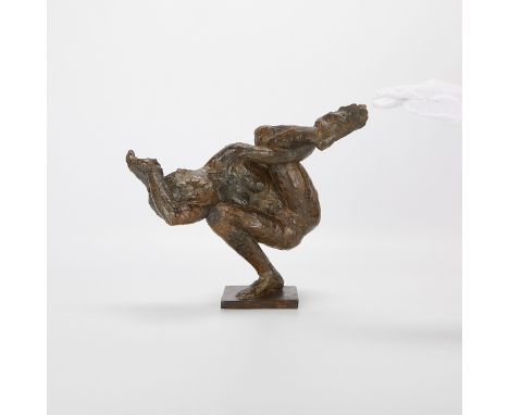 Paul T. Granlund (American, 1925-2003). Bronze sculpture titled "Ambivalence III," depicting a woman in a contorted pose bala