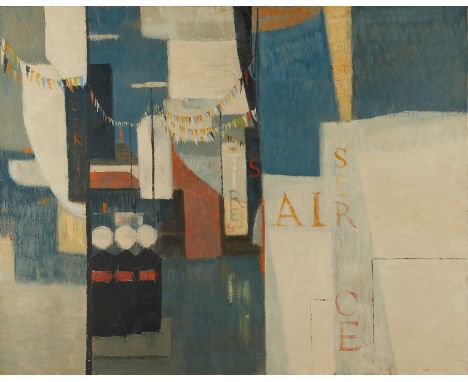 Cyrus Running (American, 1913-1976). Oil on canvas painting titled "After Rain," depicting an abstracted city or urban landsc