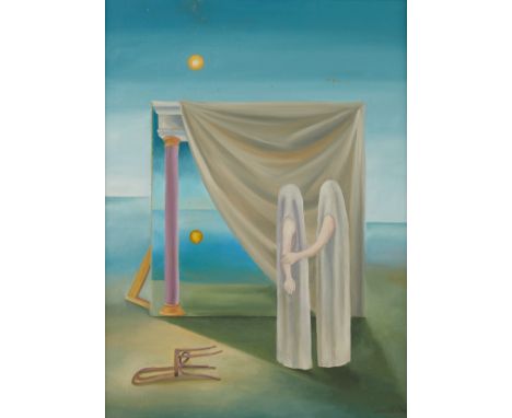 Jack Barkla (American, 20th/21st c). Oil on canvas surrealist landscape titled "Me and a Friend (Someone I Knew Once)" depict
