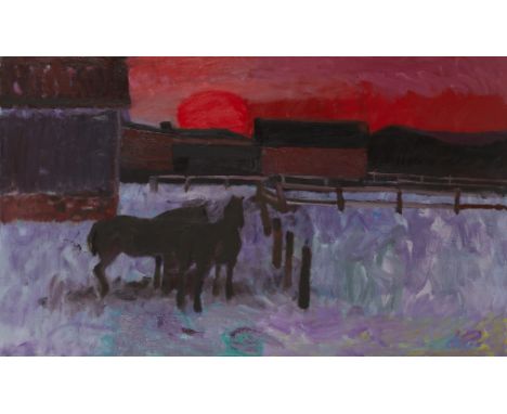 Cameron Booth (American, 1892-1980). Oil on canvas painting titled "Sunset," depicting two horses in a pasture while the sun 