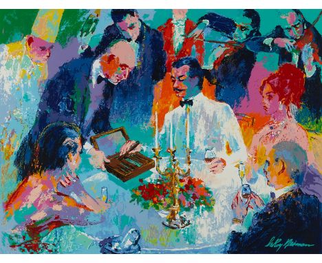 LeRoy Neiman (American, 1921-2012). Serigraph on paper titled "Wine, Women, and Cigars" depicting a dapper supper club crowd.