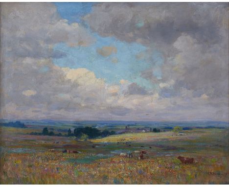 Nicholas Richard Brewer (1857-1949). Oil on canvas titled "Pastoral Scene," depicting a Texas prairie scene of cattle grazing