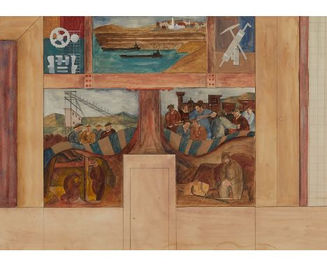 R. LeRoy Turner (American, 1905-1957). Watercolor and graphite on paper titled "Mural Study - Mining (Right Panel) - Two Harb