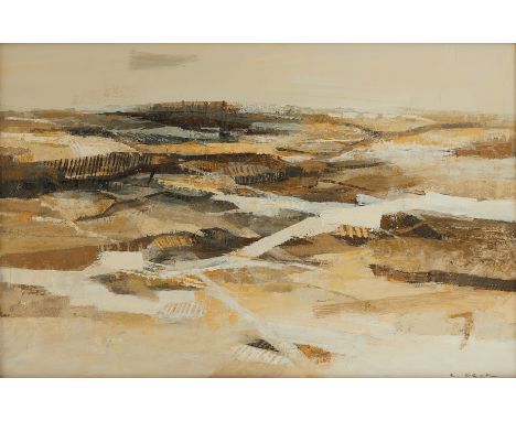 Charles Beck (American, 1923-2017). Oil on canvas painting titled "Warm Winter" depicting an abstract scene, 1960. Signed alo