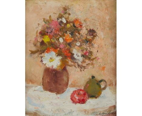 Edna Imm (American, 1906-2009). Oil on board painting depicting flowers blooming in the brown vase and fruits on the table. P