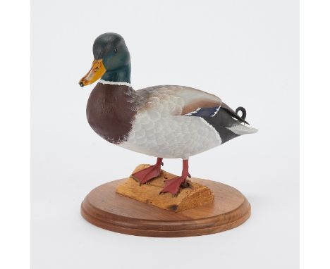 William "Bill" Veasey (American, 1932-2022). Wooden carved mallard drake model standing on a wooden log. Special Ducks Unlimi