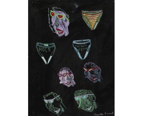 Frank Gaard (American, b. 1945). Colored pen on paper drawing depicting faces and underwear. Signed "Frankie Gaard" along the