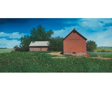 Ronald Selbitschka (American, 20th/21st c). Oil on board landscape painting depicting a photorealistic grassy field with a re