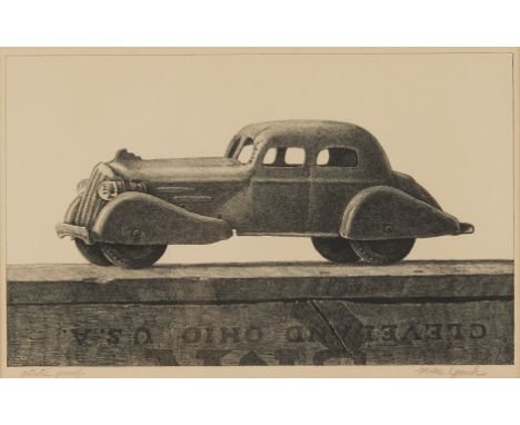 Mike Lynch (American, b. 1938). Lithograph on paper print titled "Toy Car," depicting a 1930s style toy car, ca. 1972. Pencil