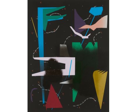 Caroline Kent (American, b. 1975.) Silkscreen on paper print titled "Players, Shadows, Figments and Forms" depicting a colorf